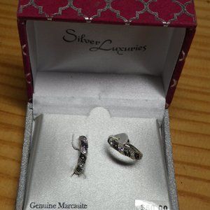 NEW Silver Luxuries Genuine Marcasite Earrings in Gift Box Black and White